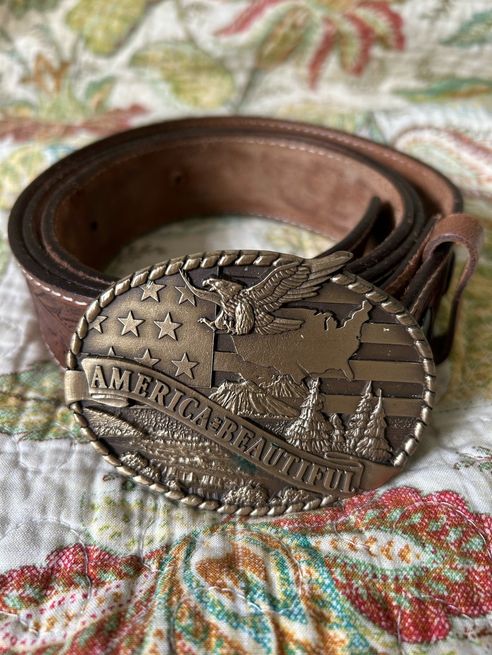Vintage Indiana Metal Craft Solid Brass America The Beautiful Belt Buckle 48”